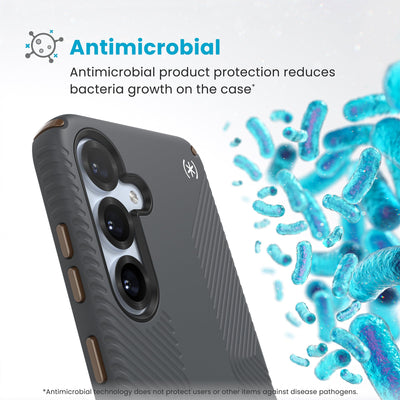 Bacteria is shown around phone case but not on it. Text reads Antimicrobial: Antimicrobial product protection reduces bacteria growth on the case (Antimicrobial technology does not protect users or other items against disease pathogens)#color_charcoal-grey-cool-bronze