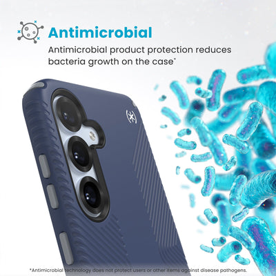 Bacteria is shown around phone case but not on it. Text reads Antimicrobial: Antimicrobial product protection reduces bacteria growth on the case (Antimicrobial technology does not protect users or other items against disease pathogens)#color_coastal-blue-dust-grey