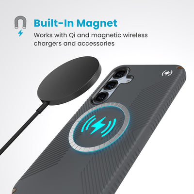 A magnetic charger hovers over the back of the phone case. Text reads Built-In Magnet: Works with Qi and magnetic wireless chargers and accessories#color_charcoal-grey-cool-bronze