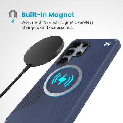 A magnetic charger hovers over the back of the phone case. Text reads Built-In Magnet: Works with Qi and magnetic wireless chargers and accessories#color_coastal-blue-dust-grey