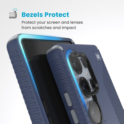 Raised bezels around phone screen and camera are highlighted. Text reads Bezels Protect: Protect your screen and lenses from scratches and impact#color_coastal-blue-dust-grey