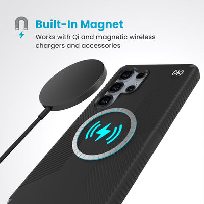 A magnetic charger hovers over the back of the phone case. Text reads Built-In Magnet: Works with Qi and magnetic wireless chargers and accessories#color_black-slate-grey