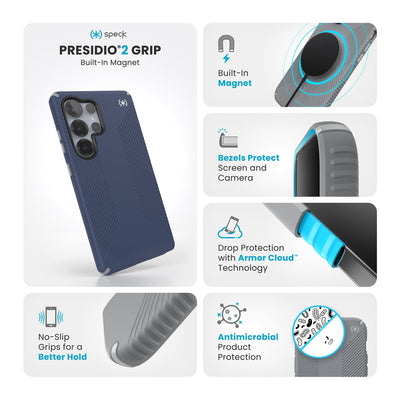 Various close-ups of case are shown. Text reads Speck Presidio2 Grip Magnet: No-slip grips for a better hold, built-in magnet, bezels protect screen and camera, drop-protection with Armor Cloud Technology, antimicrobial product protection#color_coastal-blue-dust-grey