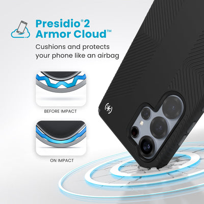 A corner of the case impacts the ground - a diagram shows interior cushion of phone before impact and on impact. Text reads Presidio2 Armor Cloud: Cushions and protects your phone like an airbag#color_black-slate-grey