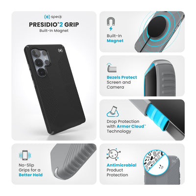 Various close-ups of case are shown. Text reads Speck Presidio2 Grip Magnet: No-slip grips for a better hold, built-in magnet, bezels protect screen and camera, drop-protection with Armor Cloud Technology, antimicrobial product protection#color_black-slate-grey