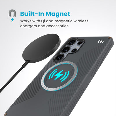 A magnetic charger hovers over the back of the phone case. Text reads Built-In Magnet: Works with Qi and magnetic wireless chargers and accessories#color_charcoal-grey-cool-bronze