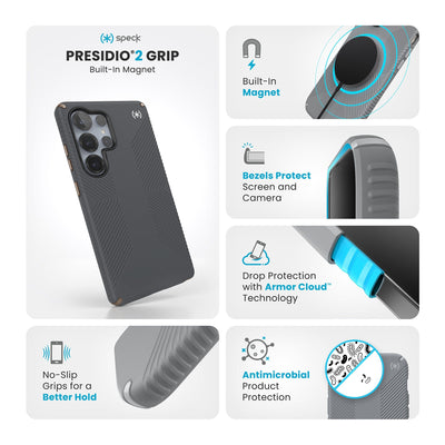 Various close-ups of case are shown. Text reads Speck Presidio2 Grip Magnet: No-slip grips for a better hold, built-in magnet, bezels protect screen and camera, drop-protection with Armor Cloud Technology, antimicrobial product protection#color_charcoal-grey-cool-bronze