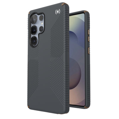 Three-quarter view of back of phone case with phone inside shown over top of front view of phone case with phone inside#color_charcoal-grey-cool-bronze