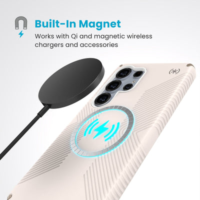 A magnetic charger hovers over the back of the phone case. Text reads Built-In Magnet: Works with Qi and magnetic wireless chargers and accessories#color_bleached-bone-heirloom-gold