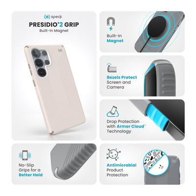 Various close-ups of case are shown. Text reads Speck Presidio2 Grip Magnet: No-slip grips for a better hold, built-in magnet, bezels protect screen and camera, drop-protection with Armor Cloud Technology, antimicrobial product protection#color_bleached-bone-heirloom-gold