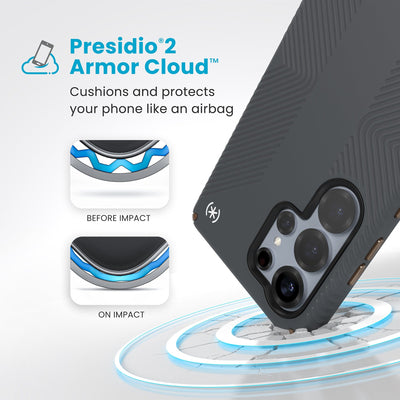 A corner of the case impacts the ground - a diagram shows interior cushion of phone before impact and on impact. Text reads Presidio2 Armor Cloud: Cushions and protects your phone like an airbag#color_charcoal-grey-cool-bronze