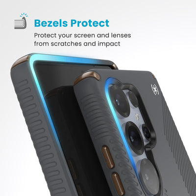 Raised bezels around phone screen and camera are highlighted. Text reads Bezels Protect: Protect your screen and lenses from scratches and impact#color_charcoal-grey-cool-bronze