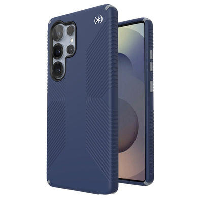 Three-quarter view of back of phone case with phone inside shown over top of front view of phone case with phone inside#color_coastal-blue-dust-grey