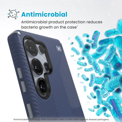 Bacteria is shown around phone case but not on it. Text reads Antimicrobial: Antimicrobial product protection reduces bacteria growth on the case (Antimicrobial technology does not protect users or other items against disease pathogens)#color_coastal-blue-dust-grey