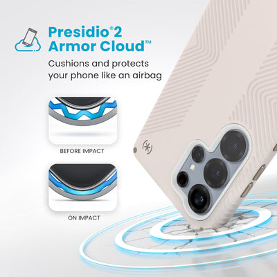 A corner of the case impacts the ground - a diagram shows interior cushion of phone before impact and on impact. Text reads Presidio2 Armor Cloud: Cushions and protects your phone like an airbag#color_bleached-bone-heirloom-gold