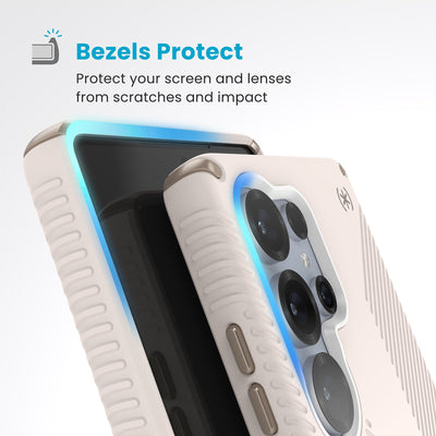 Raised bezels around phone screen and camera are highlighted. Text reads Bezels Protect: Protect your screen and lenses from scratches and impact#color_bleached-bone-heirloom-gold