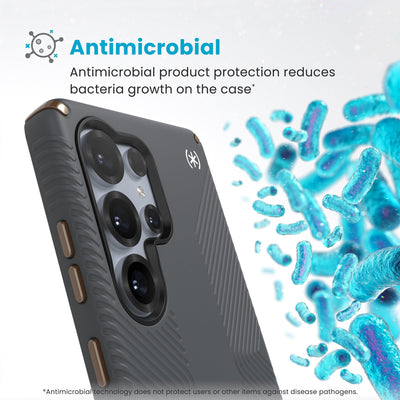 Bacteria is shown around phone case but not on it. Text reads Antimicrobial: Antimicrobial product protection reduces bacteria growth on the case (Antimicrobial technology does not protect users or other items against disease pathogens)#color_charcoal-grey-cool-bronze