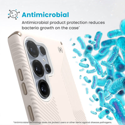 Bacteria is shown around phone case but not on it. Text reads Antimicrobial: Antimicrobial product protection reduces bacteria growth on the case (Antimicrobial technology does not protect users or other items against disease pathogens)#color_bleached-bone-heirloom-gold