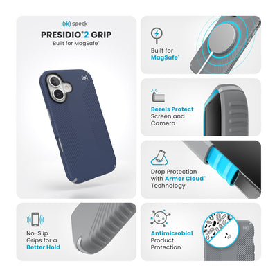 Various close-ups of case are shown. Text reads Speck Presidio2 Grip MagSafe: No-slip grips for a better hold, built for MagSafe, bezels protect screen and camera, drop protection with Armor Cloud Technology, antimicrobial product protection#color_coastal-blue-dust-grey