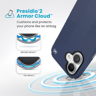 A corner of the case impacts the ground - a diagram shows interior cushion of phone before impact and on impact. Text reads Presidio2 Armor Cloud: Cushions and protects your phone like an airbag#color_coastal-blue-dust-grey