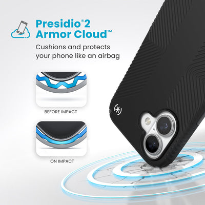 A corner of the case impacts the ground - a diagram shows interior cushion of phone before impact and on impact. Text reads Presidio2 Armor Cloud: Cushions and protects your phone like an airbag#color_black-slate-grey