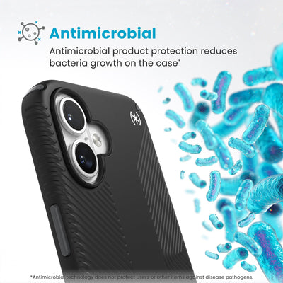 Bacteria is shown around phone case but not on it. Text reads Antimicrobial: Antimicrobial product protection reduces bacteria growth on the case (Antimicrobial technology does not protect users or other items against disease pathogens)#color_black-slate-grey