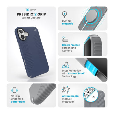 Various close-ups of case are shown. Text reads Speck Presidio2 Grip MagSafe: No-slip grips for a better hold, built for MagSafe, bezels protect screen and camera, drop protection with Armor Cloud Technology, antimicrobial product protection#color_coastal-blue-dust-grey