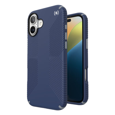 Three-quarter view of back of phone case with phone inside shown over top of front view of phone case with phone inside#color_coastal-blue-dust-grey