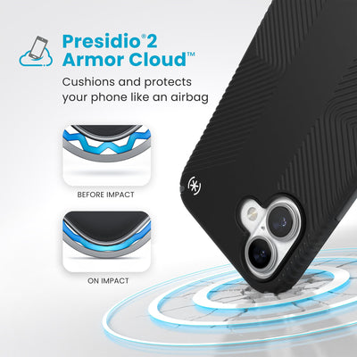 A corner of the case impacts the ground - a diagram shows interior cushion of phone before impact and on impact. Text reads Presidio2 Armor Cloud: Cushions and protects your phone like an airbag#color_black-slate-grey