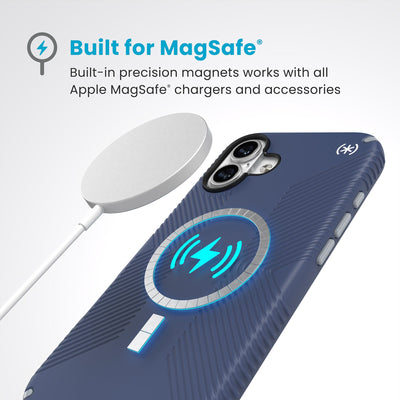 A MagSafe charger hovers over the back of the phone case. Text reads Built for MagSafe: Built-in precision magnets works with all Apple MagSafe chargers and accessories#color_coastal-blue-dust-grey