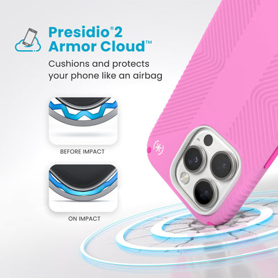 A corner of the case impacts the ground - a diagram shows interior cushion of phone before impact and on impact. Text reads Presidio2 Armor Cloud: Cushions and protects your phone like an airbag#color_true-pink-shocking-pink