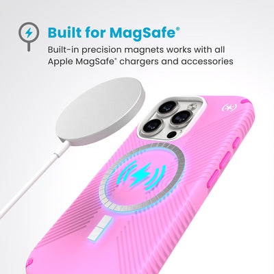 A MagSafe charger hovers over the back of the phone case. Text reads Built for MagSafe: Built-in precision magnets works with all Apple MagSafe chargers and accessories#color_true-pink-shocking-pink