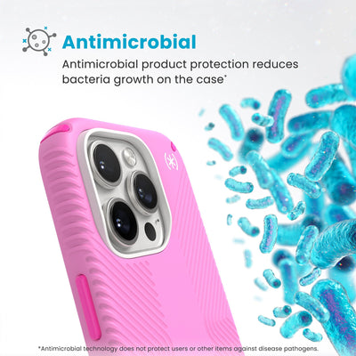 Bacteria is shown around phone case but not on it. Text reads Antimicrobial: Antimicrobial product protection reduces bacteria growth on the case (Antimicrobial technology does not protect users or other items against disease pathogens)#color_true-pink-shocking-pink