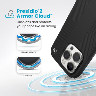 A corner of the case impacts the ground - a diagram shows interior cushion of phone before impact and on impact. Text reads Presidio2 Armor Cloud: Cushions and protects your phone like an airbag#color_black-slate-grey