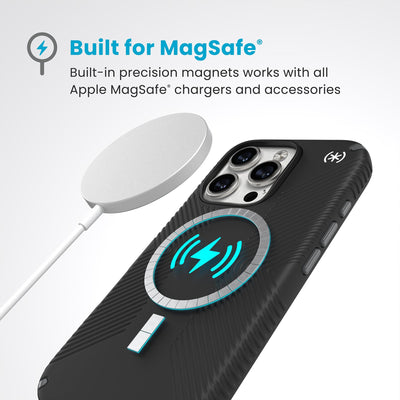 A MagSafe charger hovers over the back of the phone case. Text reads Built for MagSafe: Built-in precision magnets works with all Apple MagSafe chargers and accessories#color_black-slate-grey