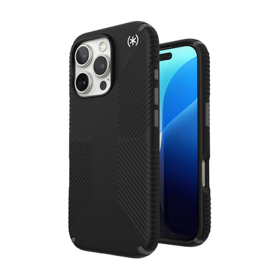 Three-quarter view of back of phone case with phone inside shown over top of front view of phone case with phone inside#color_black-slate-grey