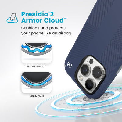 A corner of the case impacts the ground - a diagram shows interior cushion of phone before impact and on impact. Text reads Presidio2 Armor Cloud: Cushions and protects your phone like an airbag#color_coastal-blue-dust-grey