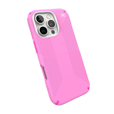 Tilted slight perspective view of back of phone case with phone inside#color_true-pink-shocking-pink