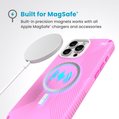 A MagSafe charger hovers over the back of the phone case. Text reads Built for MagSafe: Built-in precision magnets works with all Apple MagSafe chargers and accessories#color_true-pink-shocking-pink