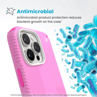 Bacteria is shown around phone case but not on it. Text reads Antimicrobial: Antimicrobial product protection reduces bacteria growth on the case (Antimicrobial technology does not protect users or other items against disease pathogens)#color_true-pink-shocking-pink