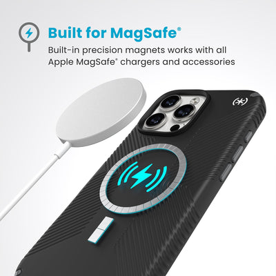 A MagSafe charger hovers over the back of the phone case. Text reads Built for MagSafe: Built-in precision magnets works with all Apple MagSafe chargers and accessories#color_black-slate-grey