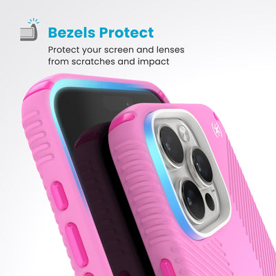 Raised bezels around phone screen and camera are highlighted. Text reads Bezels Protect: Protect your screen and lenses from scratches and impact#color_true-pink-shocking-pink