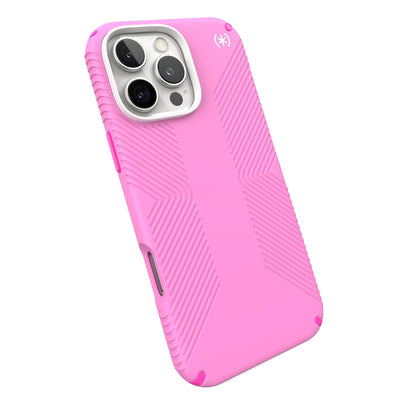 Tilted slight perspective view of back of phone case with phone inside#color_true-pink-shocking-pink