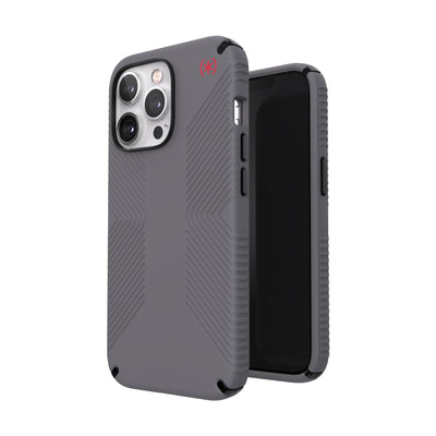 Three-quarter view of back of phone case simultaneously shown with three-quarter front view of phone case#color_graphite-grey-black-bold-red