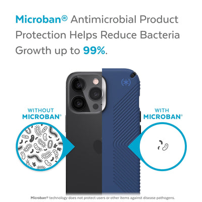 Back view, half without case, other with case, less germs on case - Microban antimicrobial product protection helps reduce bacteria growth up to 99%.#color_coastal-blue-black-storm-blue