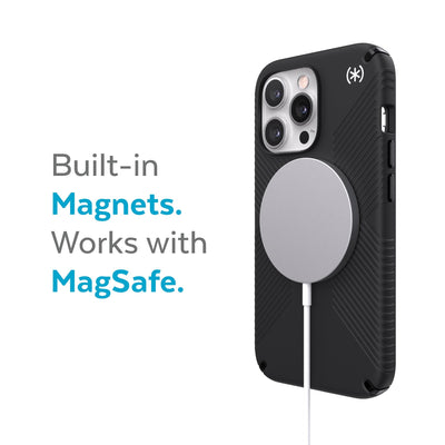 Three-quarter view of back of phone case with MagSafe charger attached - Built-in magnets. Works with MagSafe.#color_black-black-white