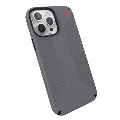 Tilted three-quarter angled view of back of phone case#color_graphite-grey-black-bold-red