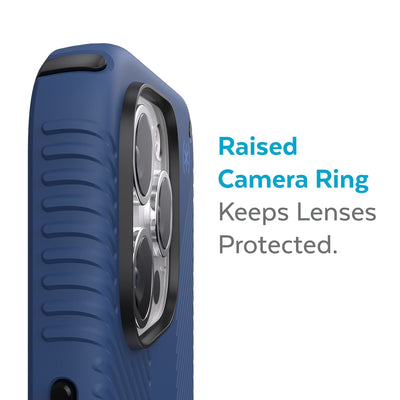 Slightly tilted view of side of phone case showing phone cameras - Raised camera ring keeps lenses protected.#color_coastal-blue-black-storm-blue