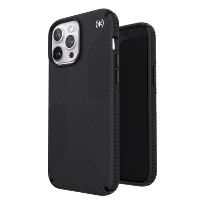 Three-quarter view of back of phone case simultaneously shown with three-quarter front view of phone case#color_black-black-white