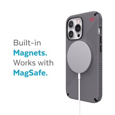 Three-quarter view of back of phone case with MagSafe charger attached - Built-in magnets. Works with MagSafe.#color_graphite-grey-black-bold-red